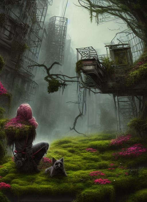 Post-Apocalyptic City with Dog, Detailed Digital Painting