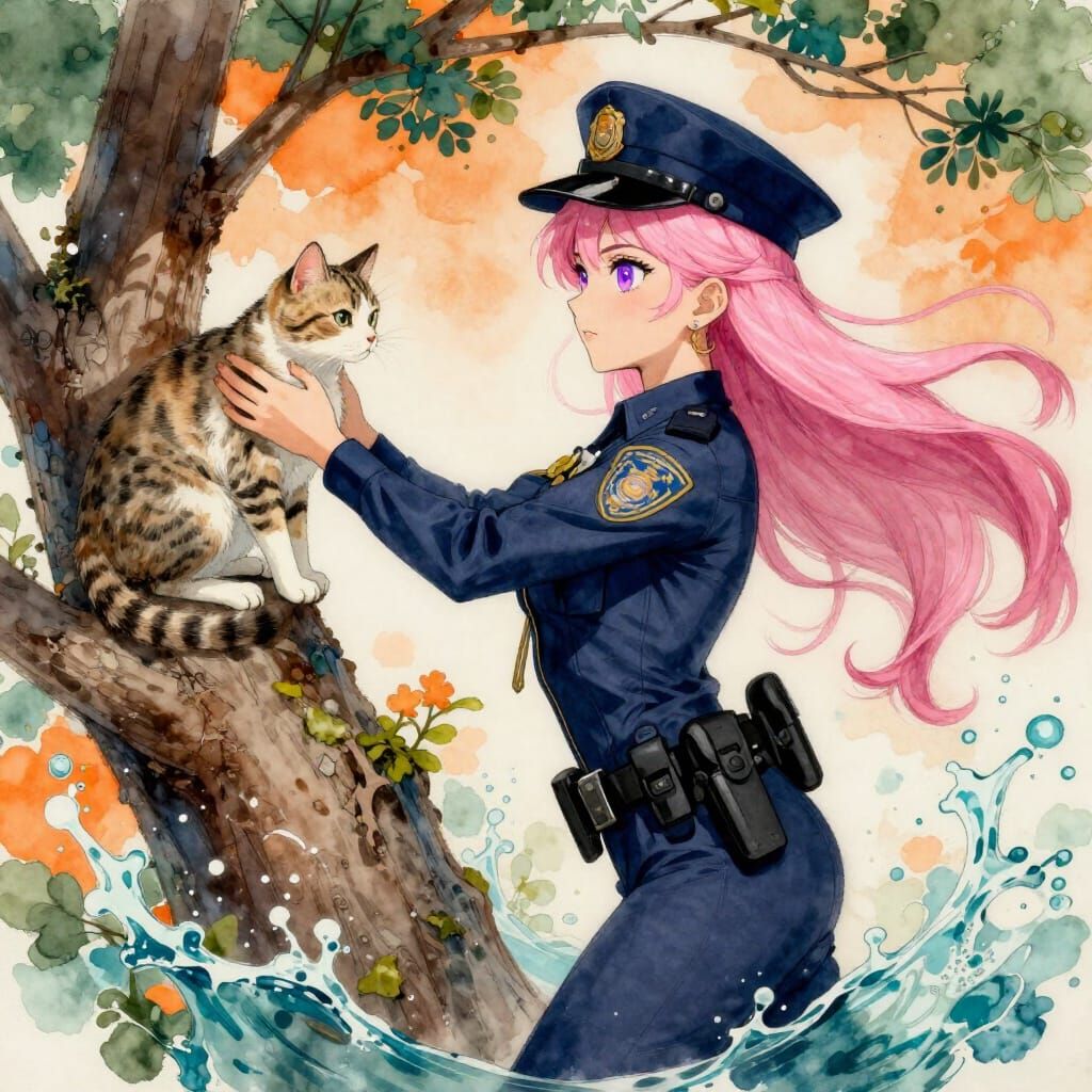 Pink Haired Officer Rescues Cat From Tree in Watercolor Styl...