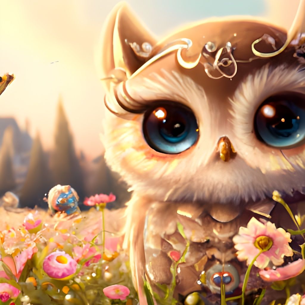 Adorable Chibi Owl in Rococo Flower Field