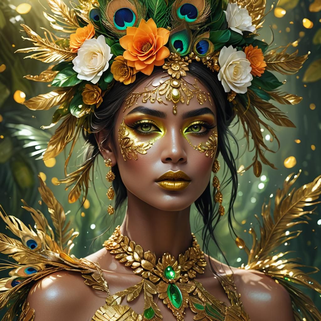 Metallic Woman with Peacock Feathers in Digital Art