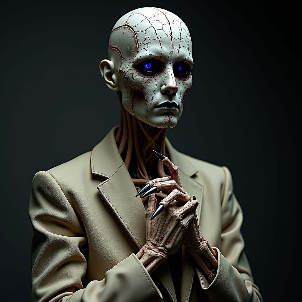 Haunting Mannequin with Glowing Symbols and Cracks