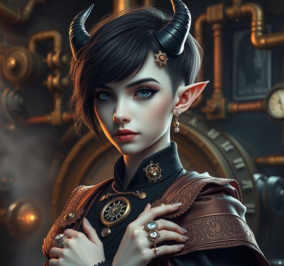 Steampunk Tiefling with Clockwork Details as Digital Art