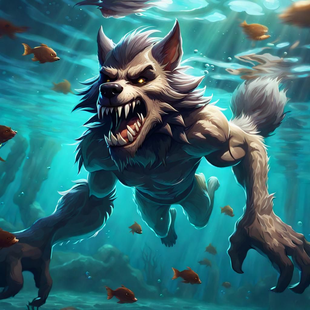Furry Werewolf Swimming Underwater: Digital Art
