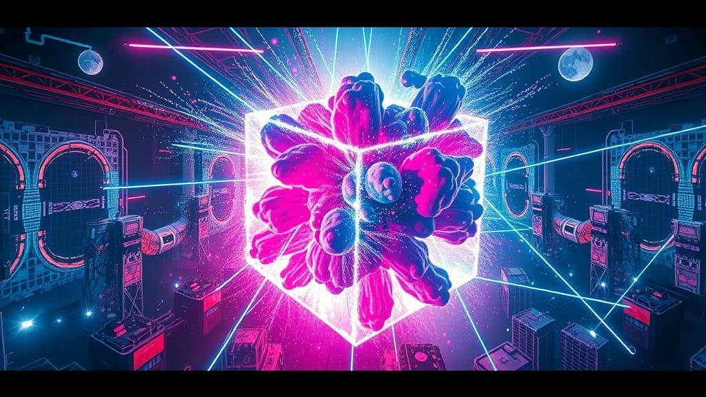 Exploding Cyberpunk Cube in a Futuristic Cityscape