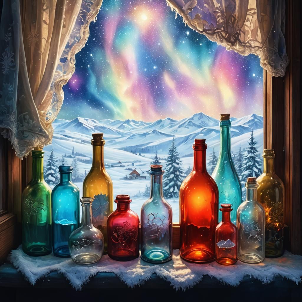 Surreal Windowsill Scene with Glowing Glass Bottles and Cosm...
