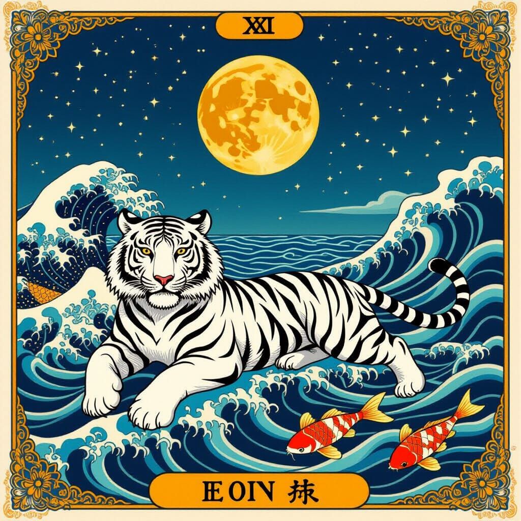 White Tiger Tarot Card in Japanese Tattoo Style