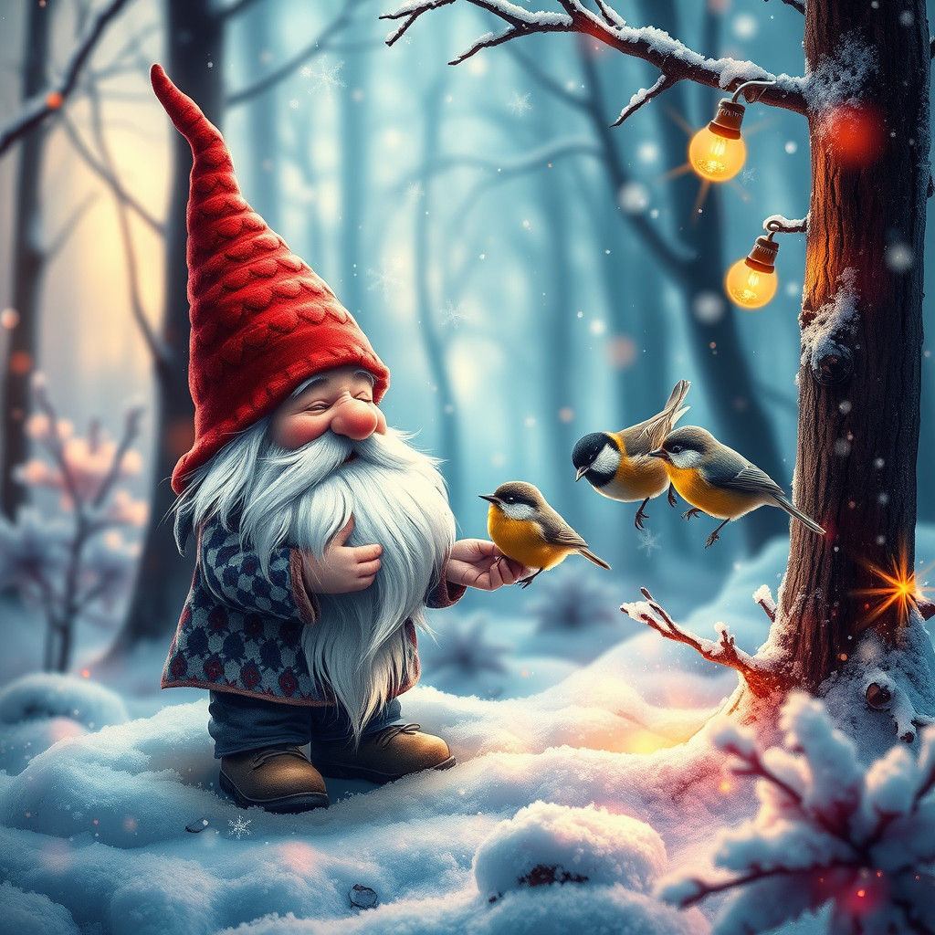 RAW photo, HDR, fantasy, botanical, гипердетализация, двойная экспозиция, 8k. 3d добрый веселый маленький гномик кормит ...