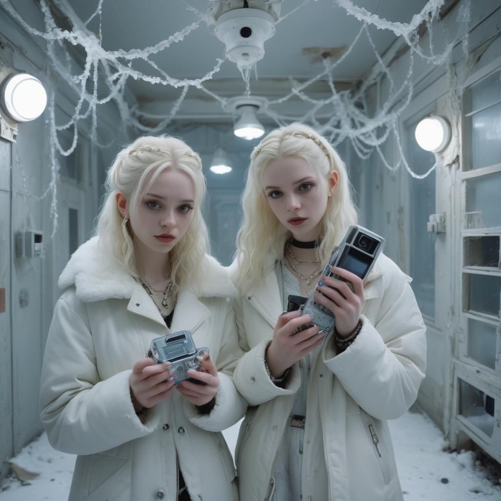 Surreal Y2K Sci-Fi Crime Scene with Sisters and Wizard