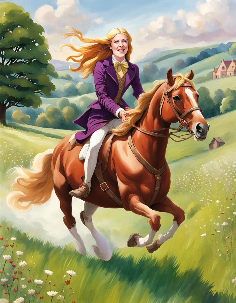 Lady Godiva's & Willy Wonka's Lovechild Riding Through a Meadow