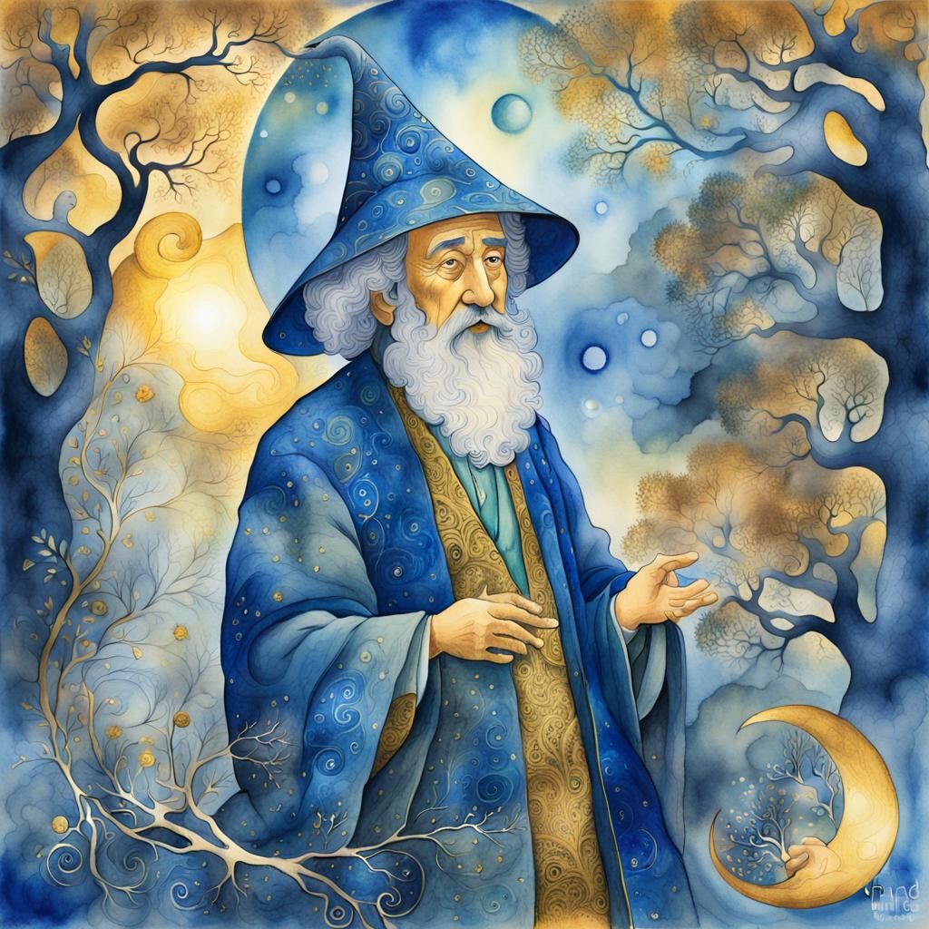 Mystical Wizard in Surrealist Fractal Watercolor Style