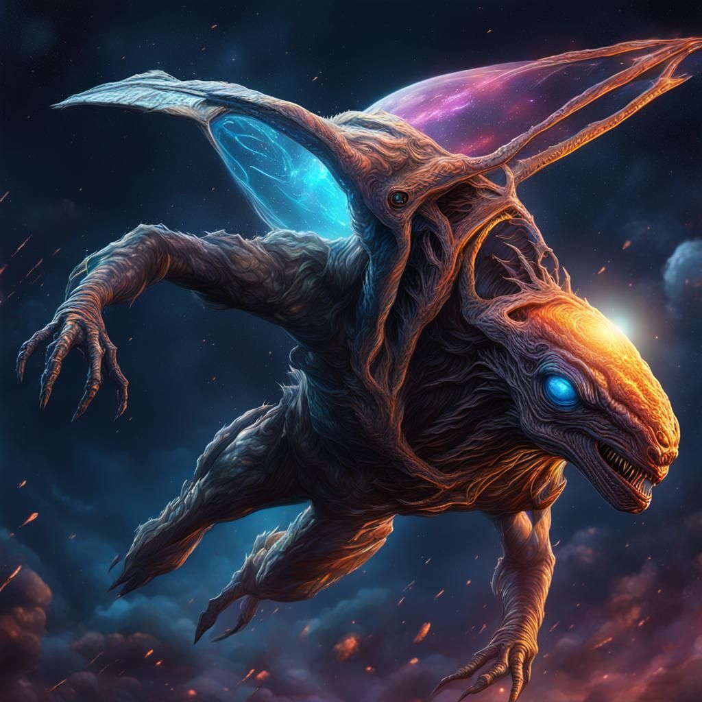 Alien Creature Flying at Night: Hyperrealistic Splash Art