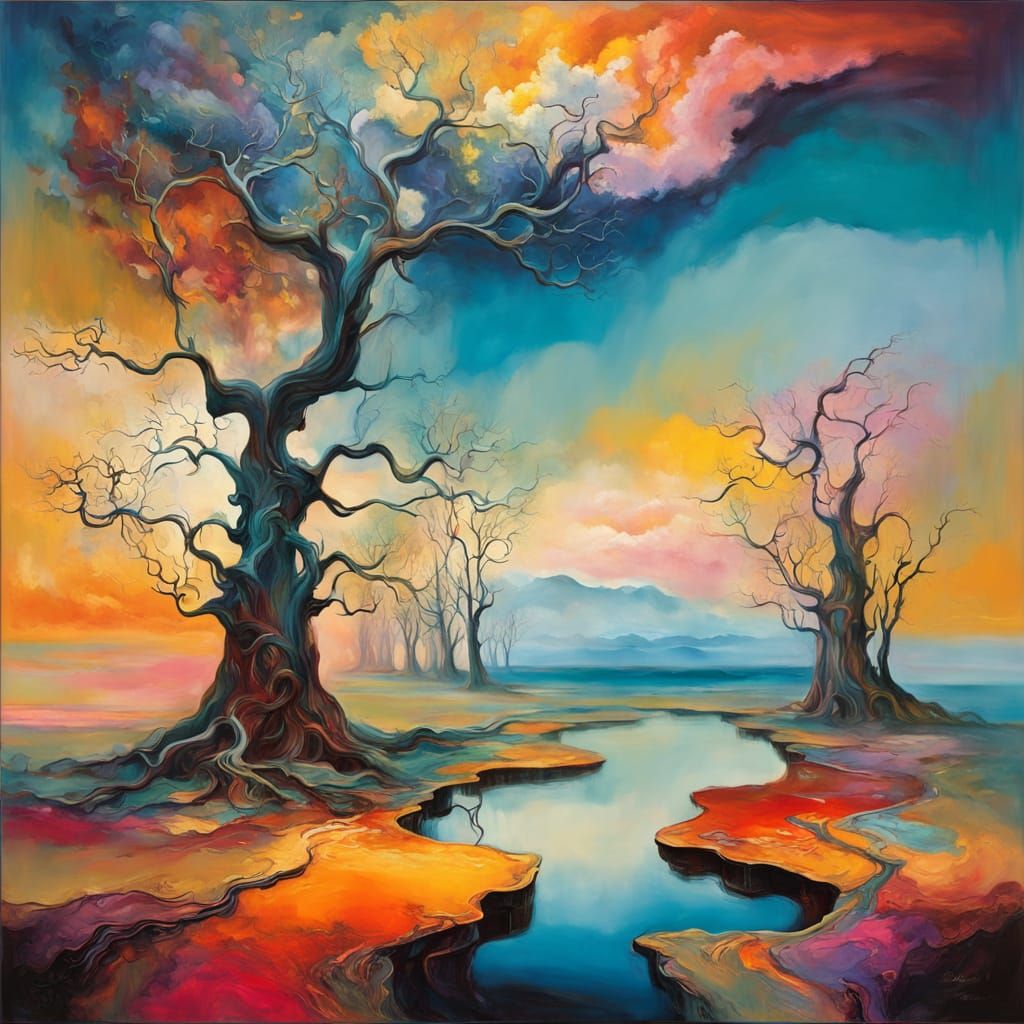 Surreal Floating Landscape in Abstract Expressionist Style