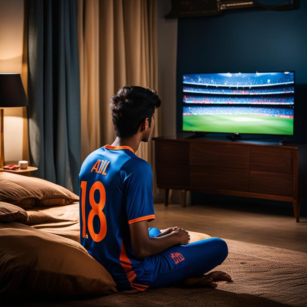 Boy Watching Cricket Match on TV