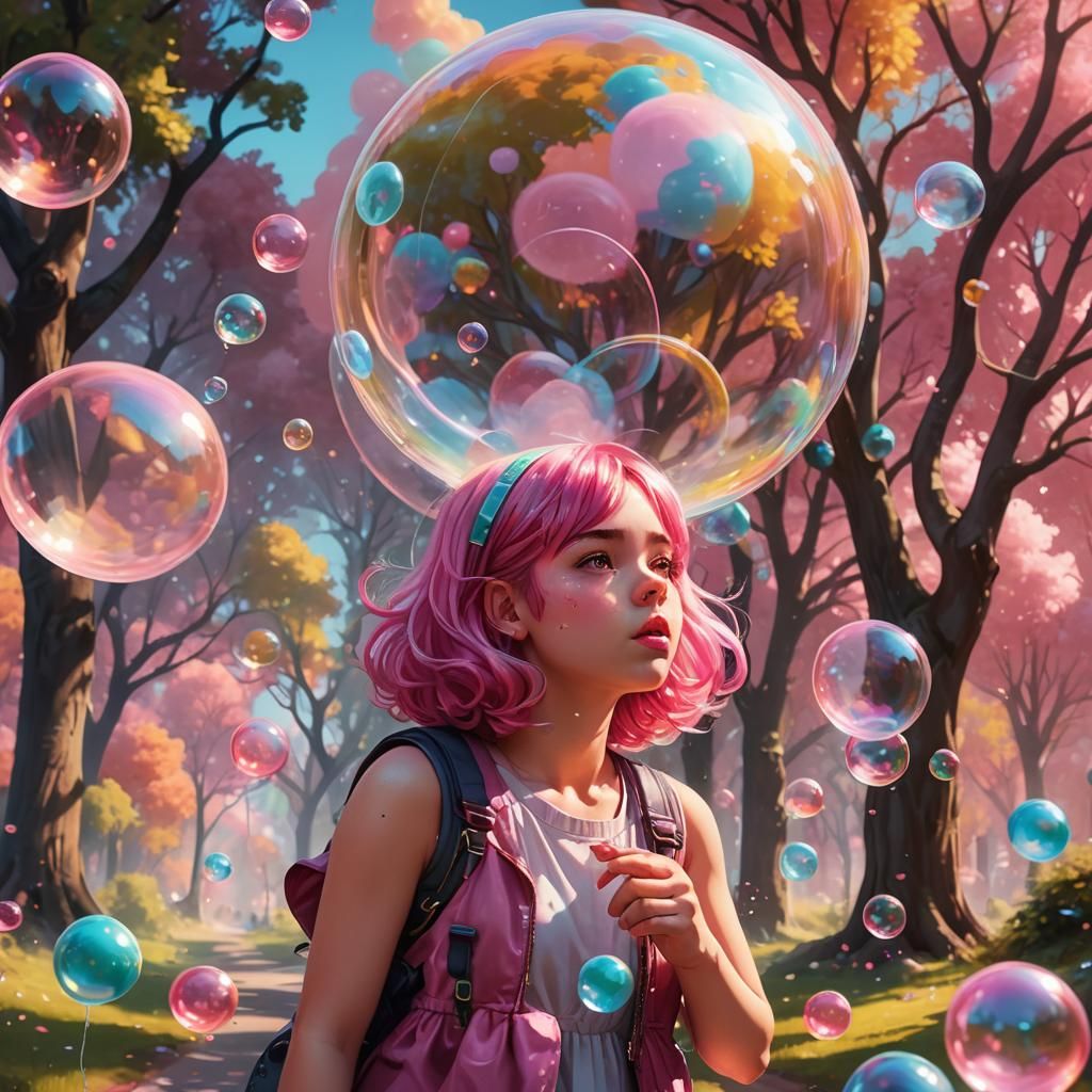 Candy World: Girl with Bubblegum in Dreamlike Oil Painting