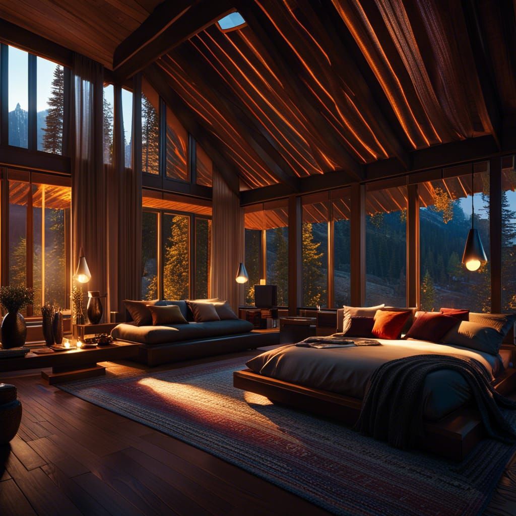 Cozy Winter Cabin at Sunset, Digital Art