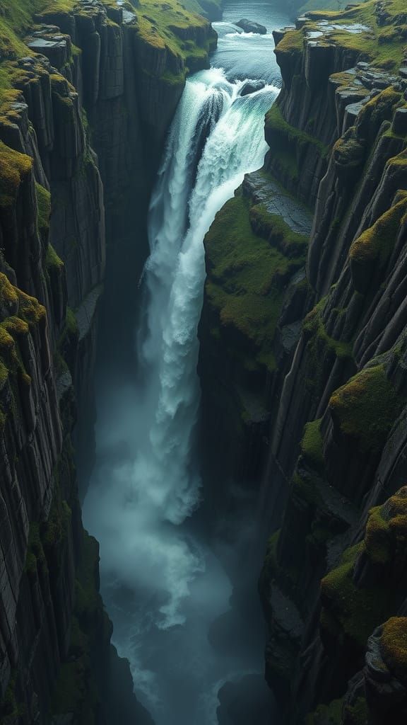 Colossal Waterfall Bird's-Eye View in Moody Lighting