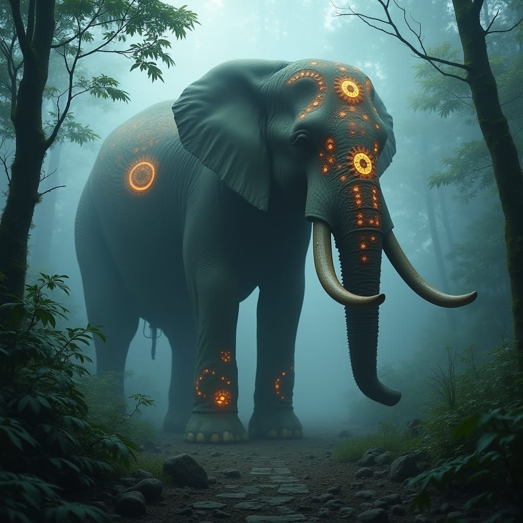 Clockwork Elephant in Foggy Jungle