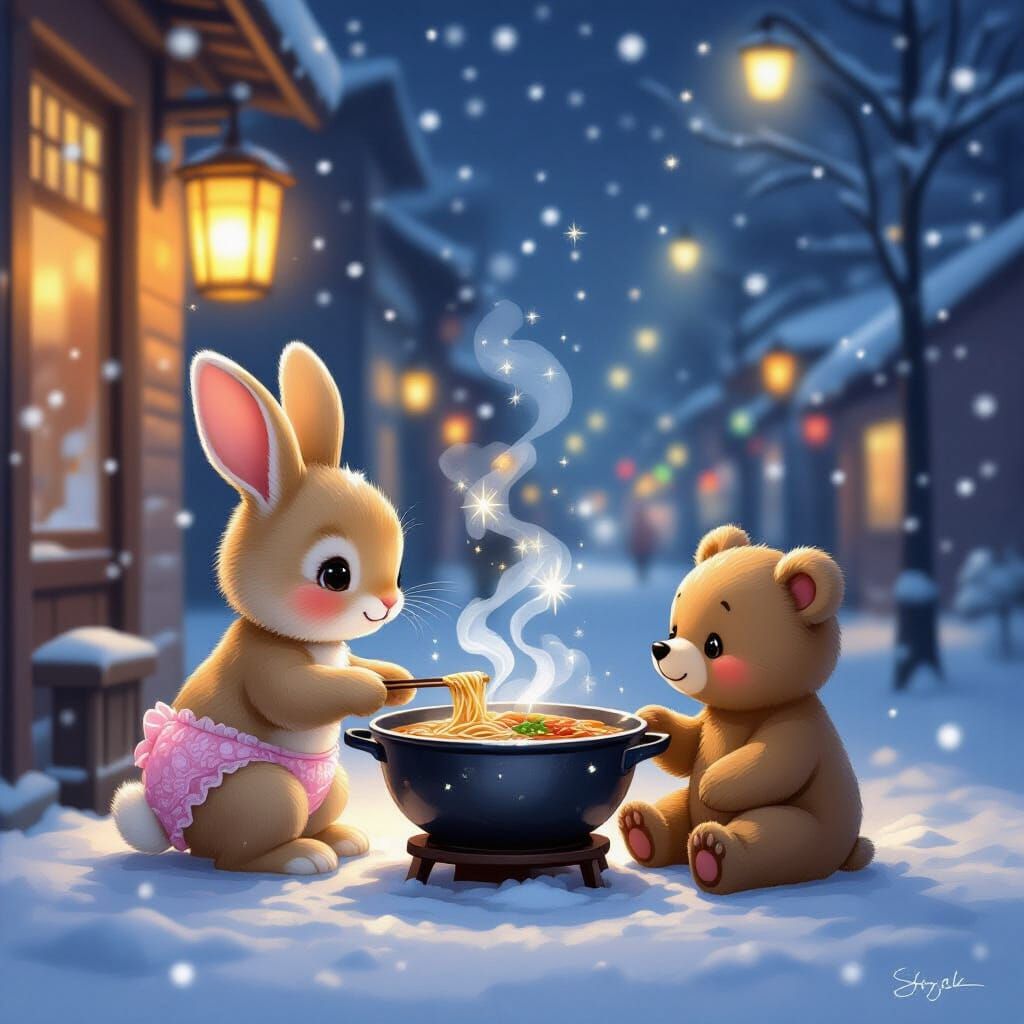 Cute Bunny and Bear Enjoy Ramen in Snowy Midnight Street