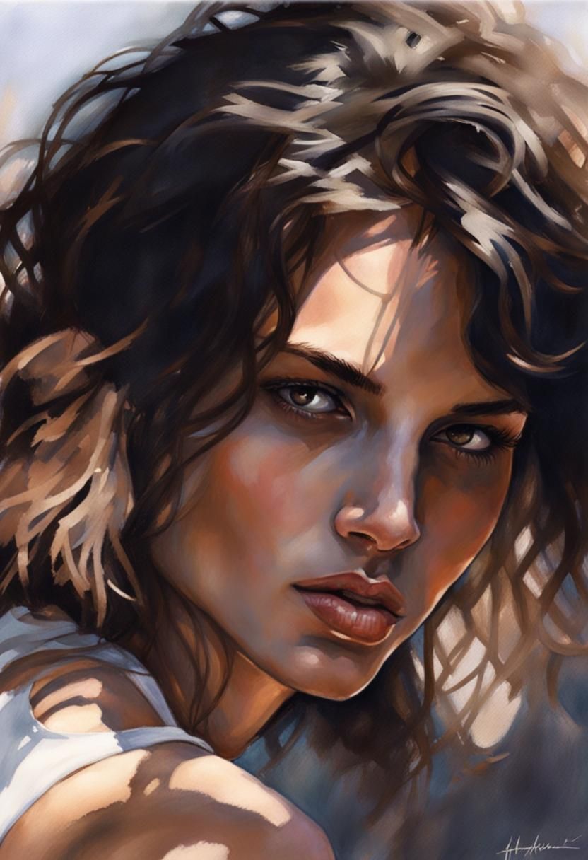 Realistic Watercolor of Woman in Colonial Street