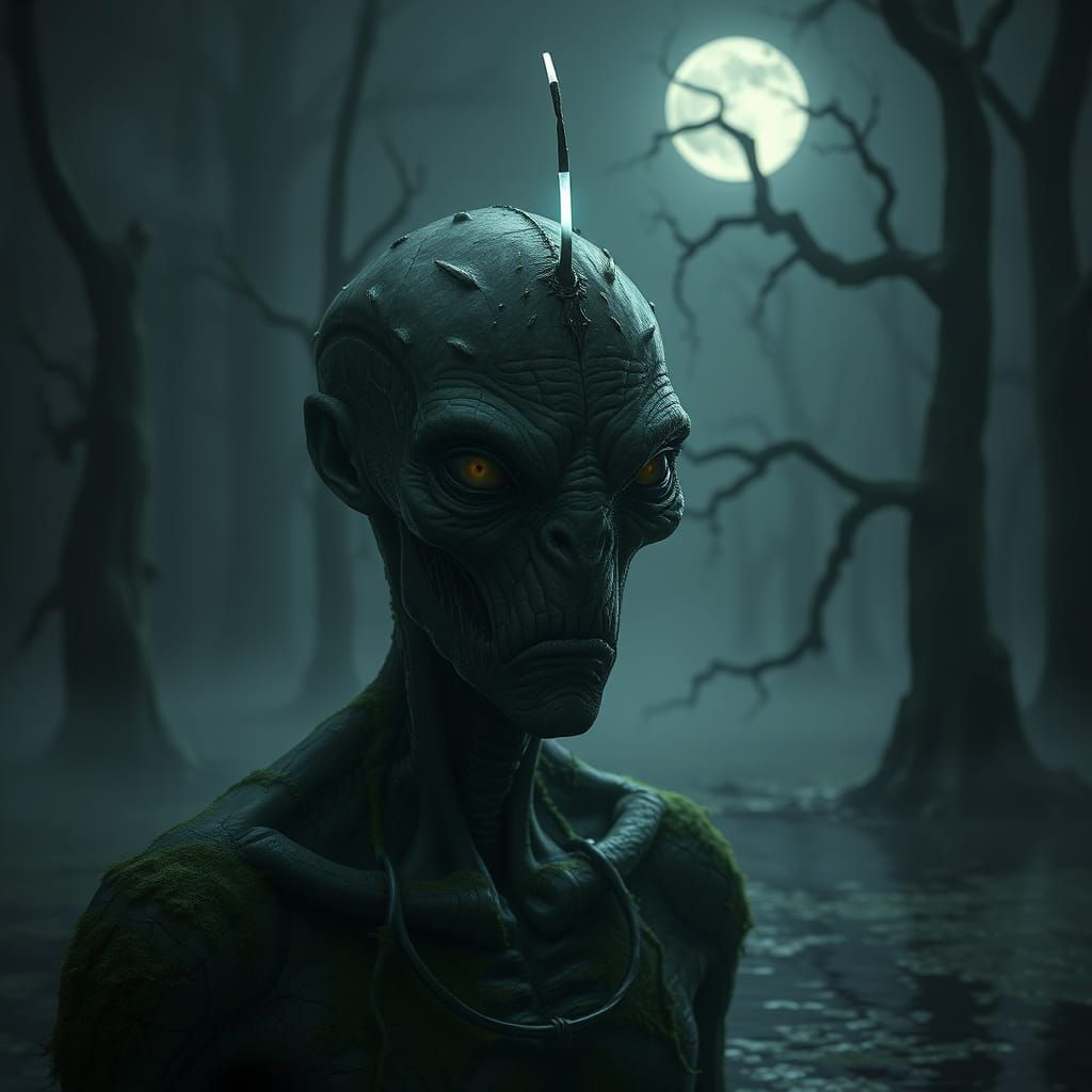 Eerily Lit Swamp Creature Portrait in Hyperrealism