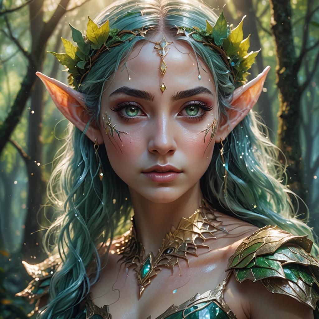 Cute Elf Woman in Sparkling Forest, Hyperrealistic Art