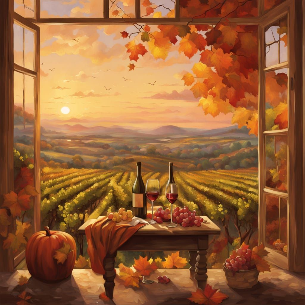 Romantic Vineyard Sunset Landscape Painting