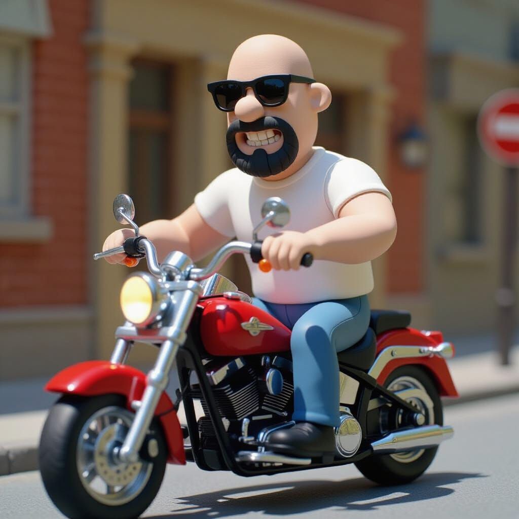 Claymation Biker with Goatee on Motorcycle