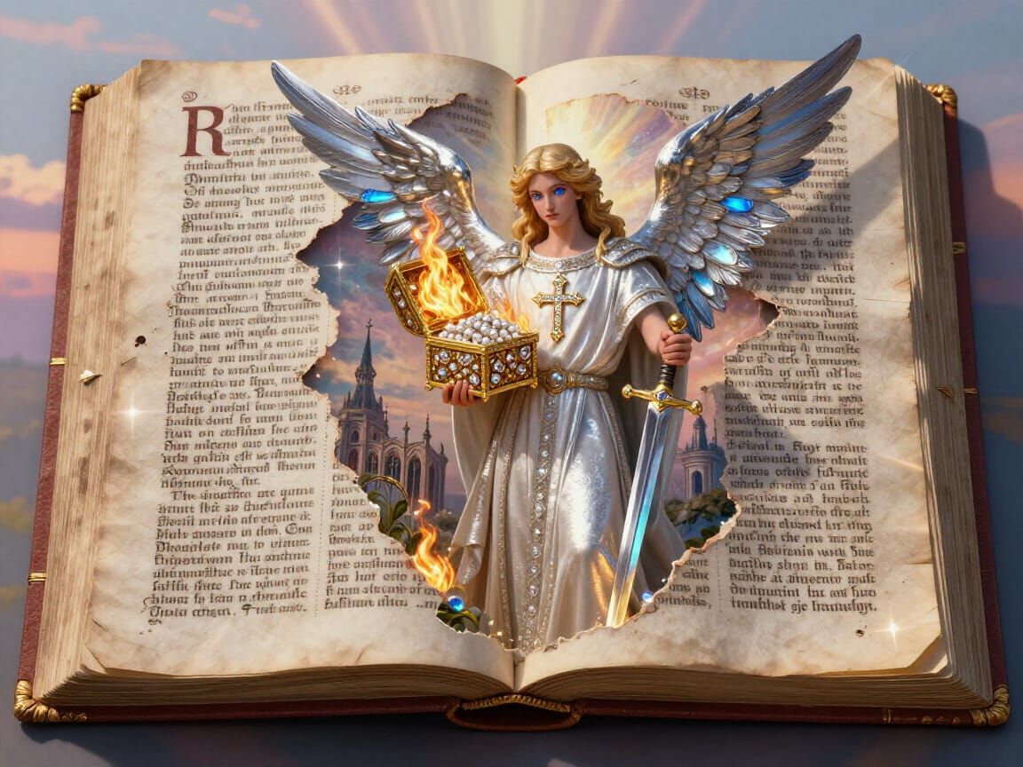 Archangel Gabriel Emerges from Torn Bible Page in Church