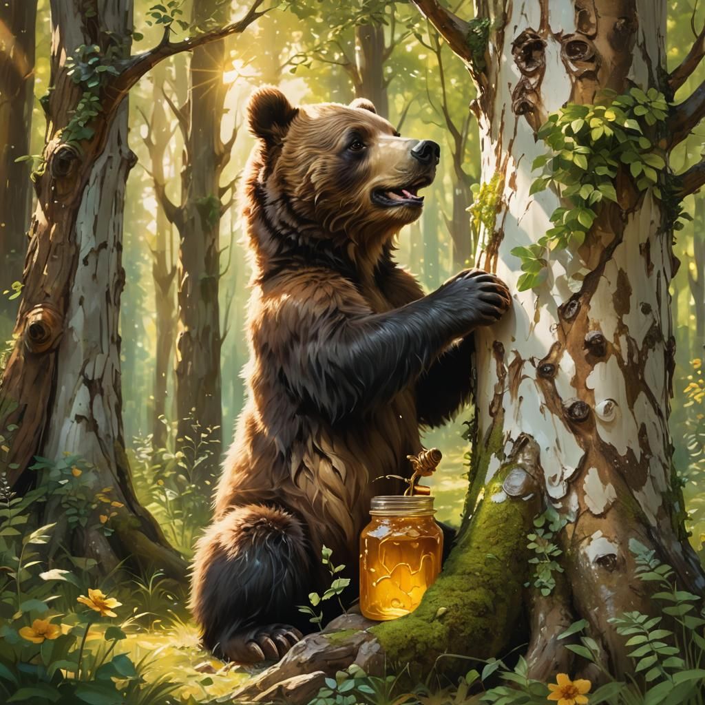 Young Bear Cub Eating Honey in Summer Forest