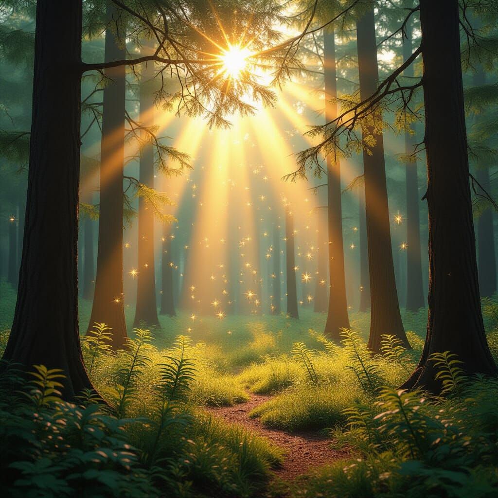 A cascade of golden energy particles swirling around a seren...