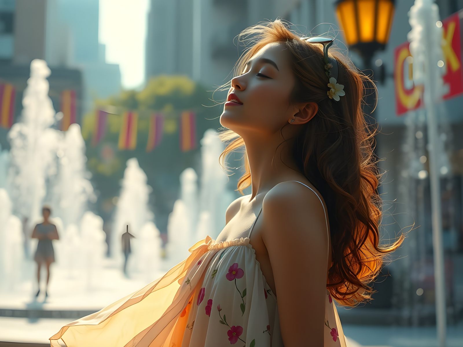 Summer Cityscape with Fountains in Hyperrealistic Style