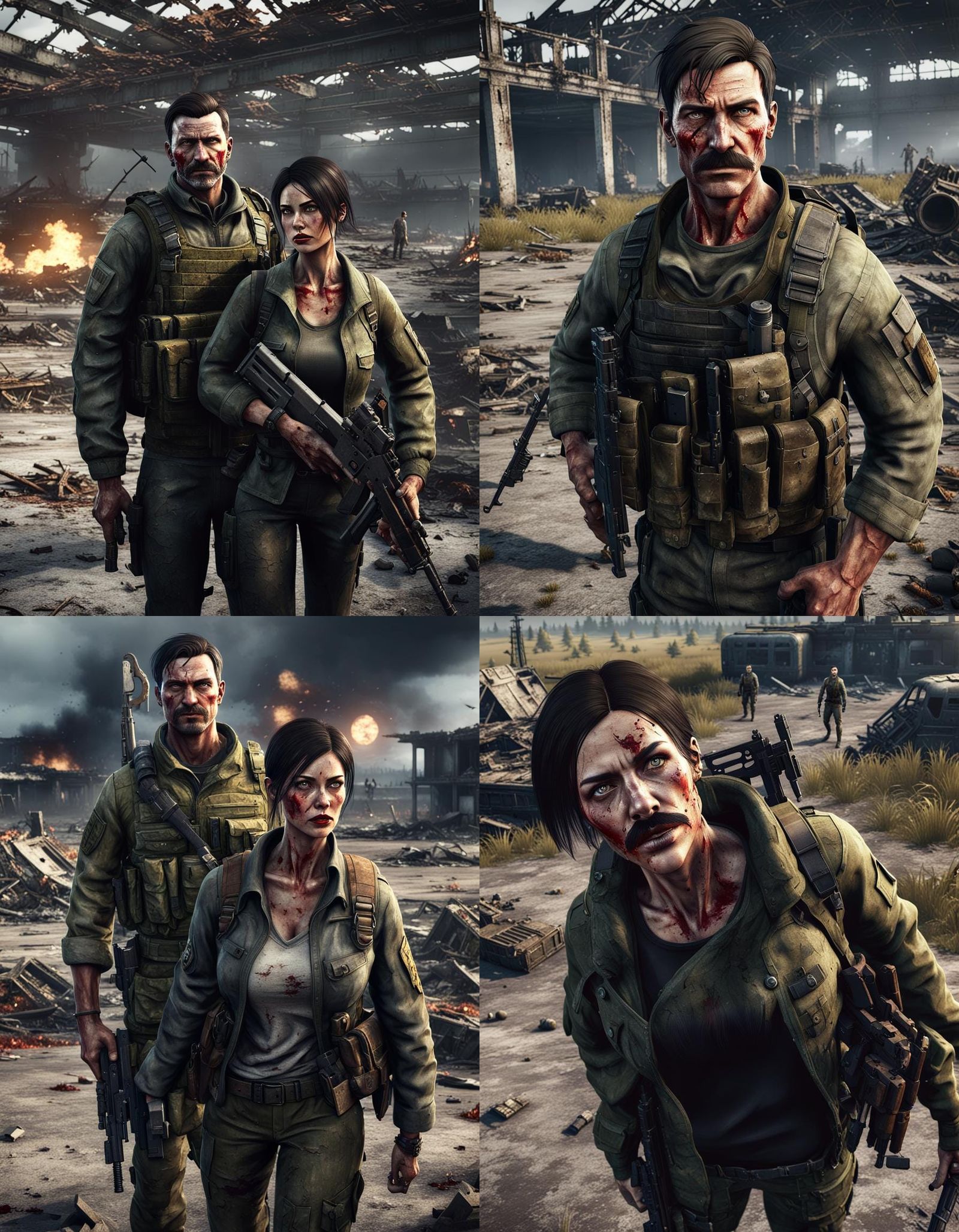 Cinematic 3D Game Scene: Military Couple vs Zombies