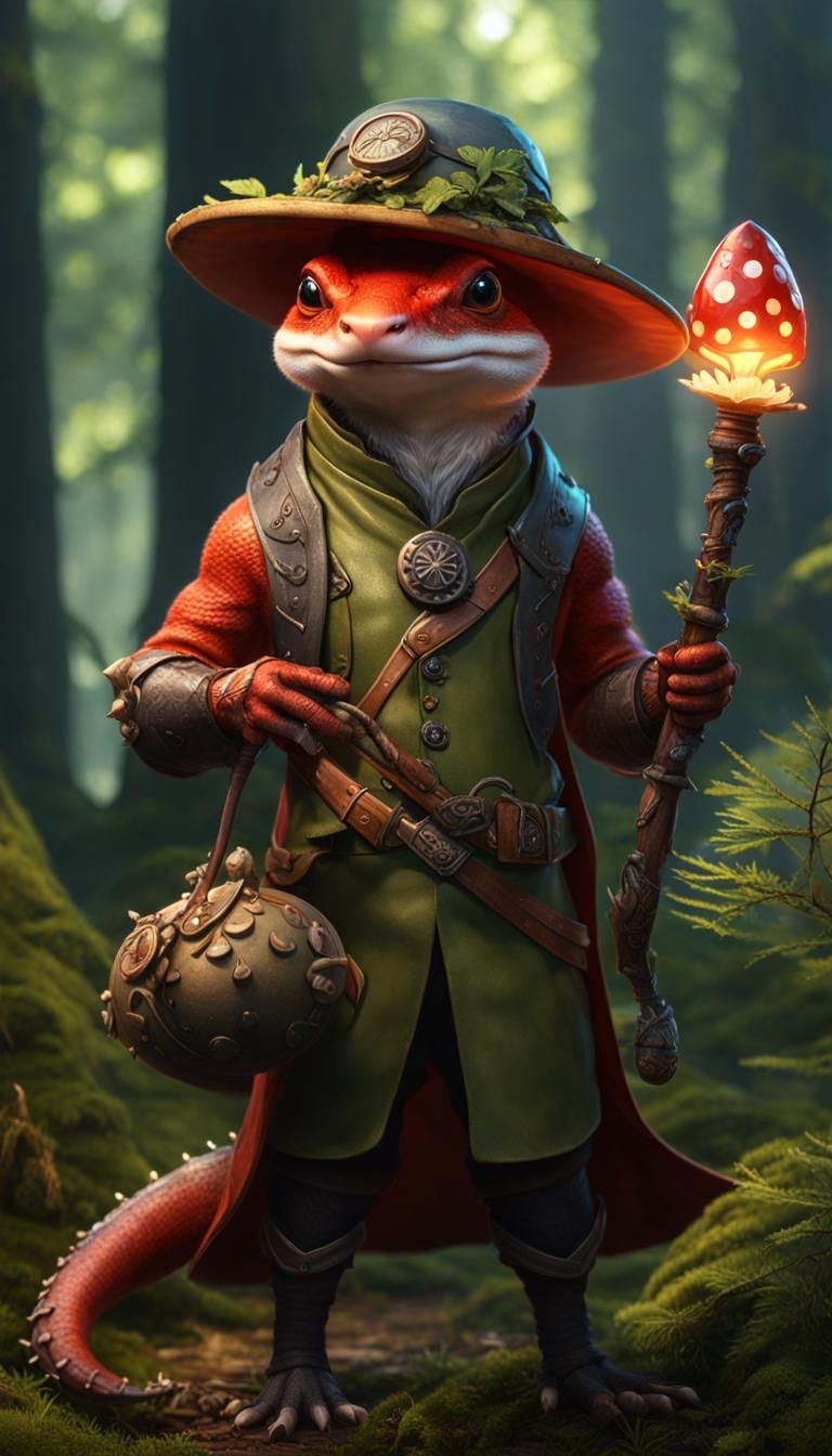 Humanoid Salamander Druid in Forest, Digital Art