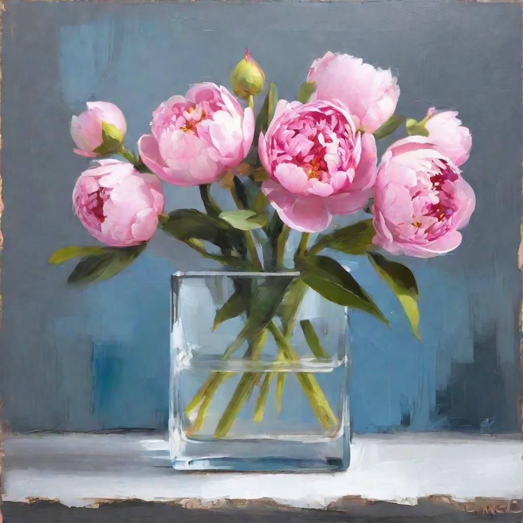Pink Peonies in Glass Vase on Blue Background