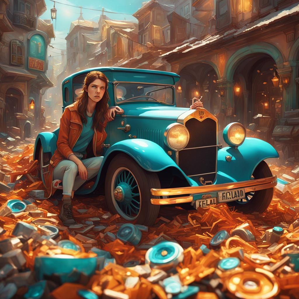 Anna Kendrick with Car Made of Junk, Art Nouveau