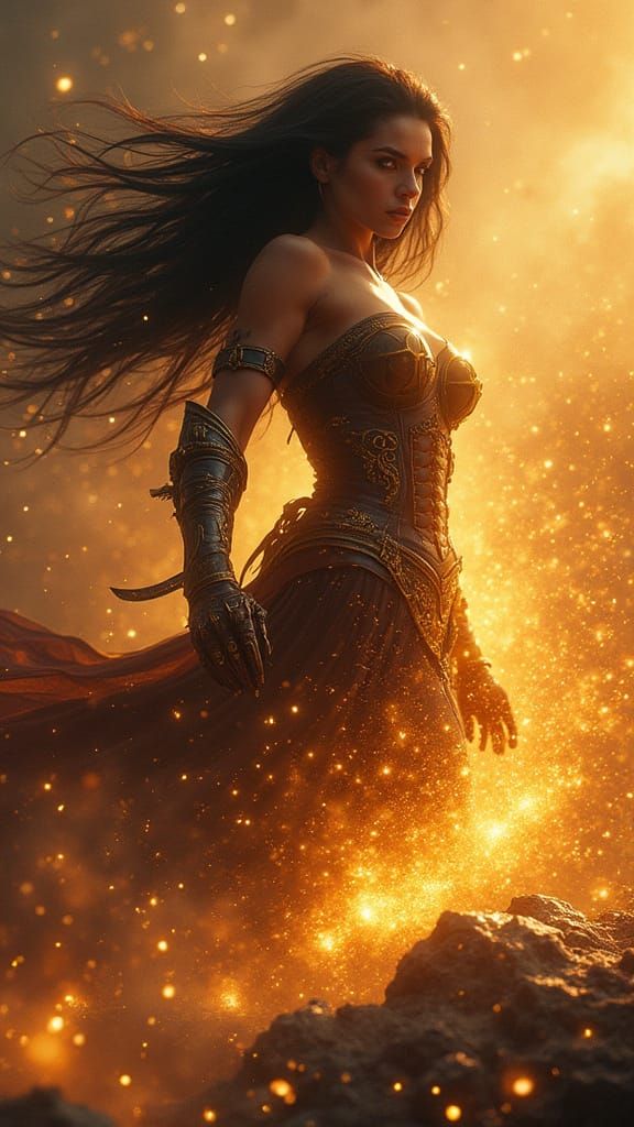 Sorceress Unleashes Golden Energy in Cinematic Style