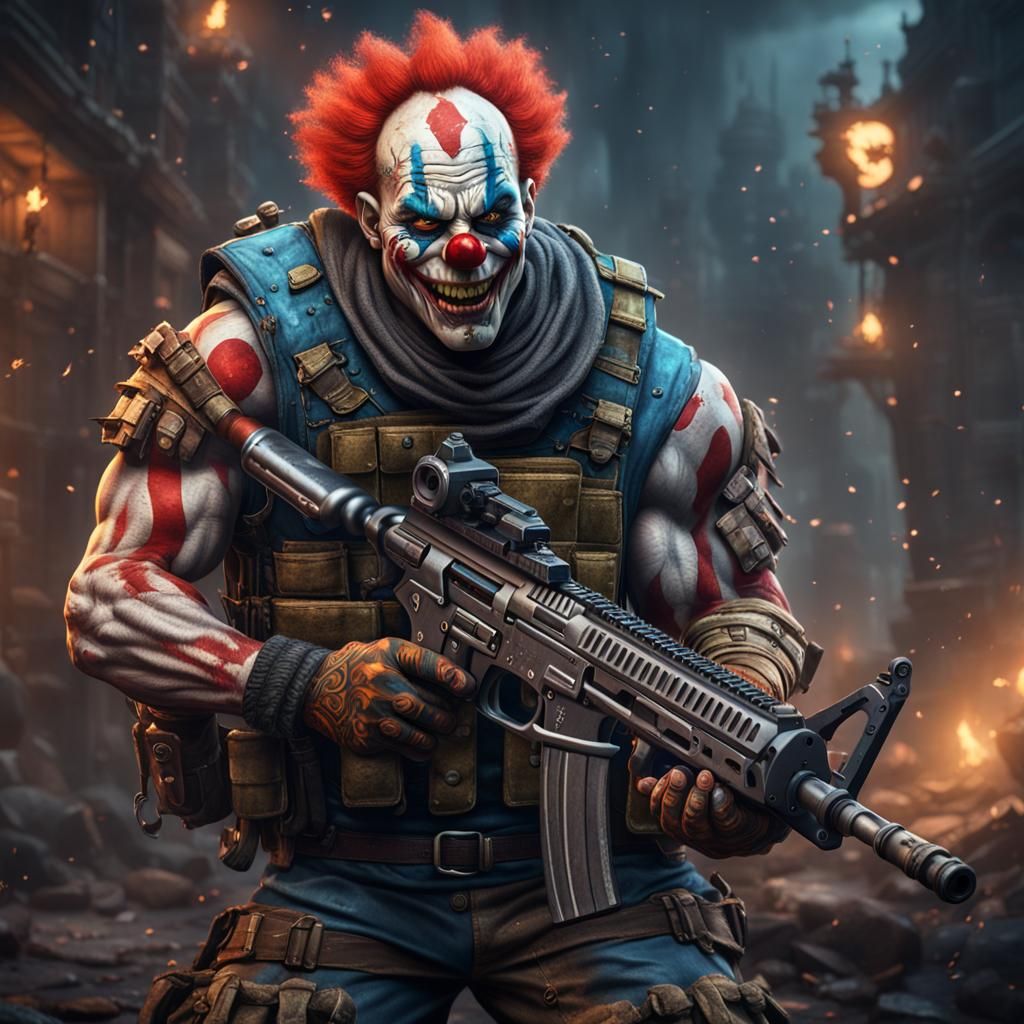 Muscle Clown Mercenary with M60: Detailed Matte Painting