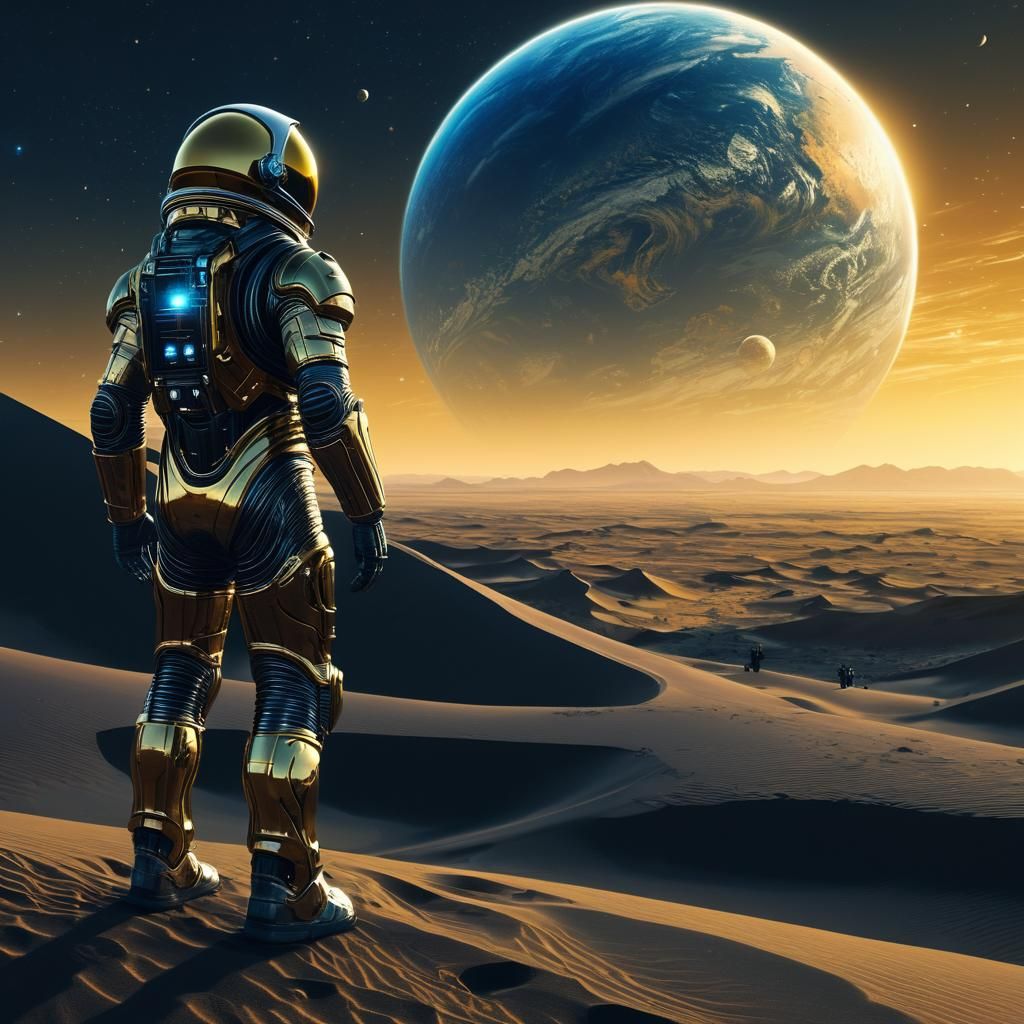 Astronaut on Alien Planet Gazing at Earth