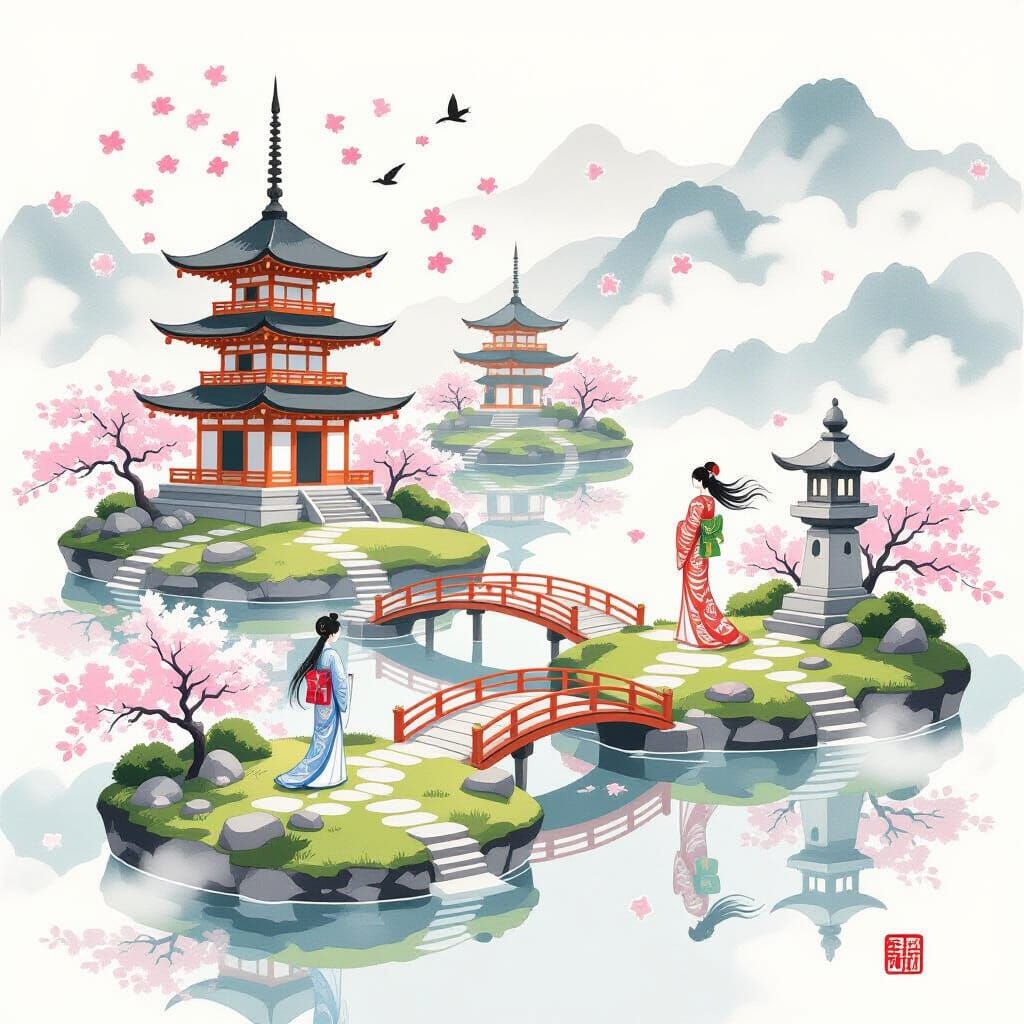 Floating Japanese Islands with Gardens and Pagodas