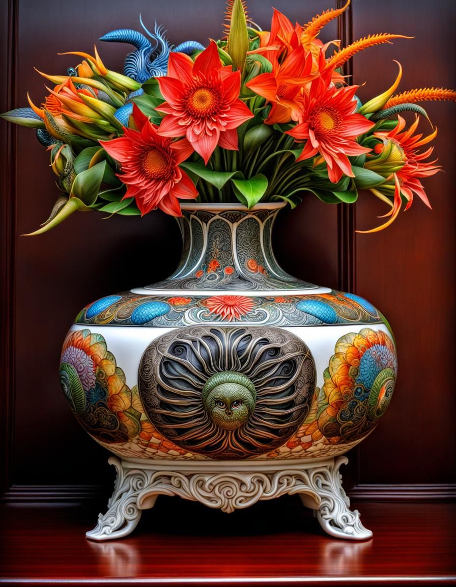 Japanese Vase with Dragonflowers in Giger Style