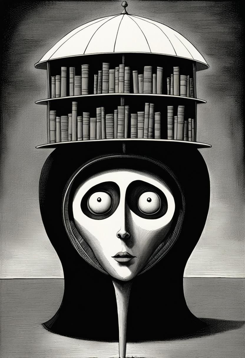 Surreal Library Inside Head in Gothic Style