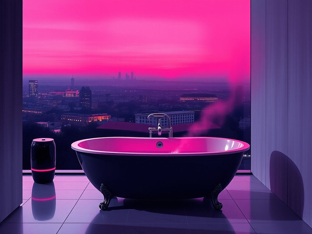 Cerise and Black Bath Scene in Impressionistic Style