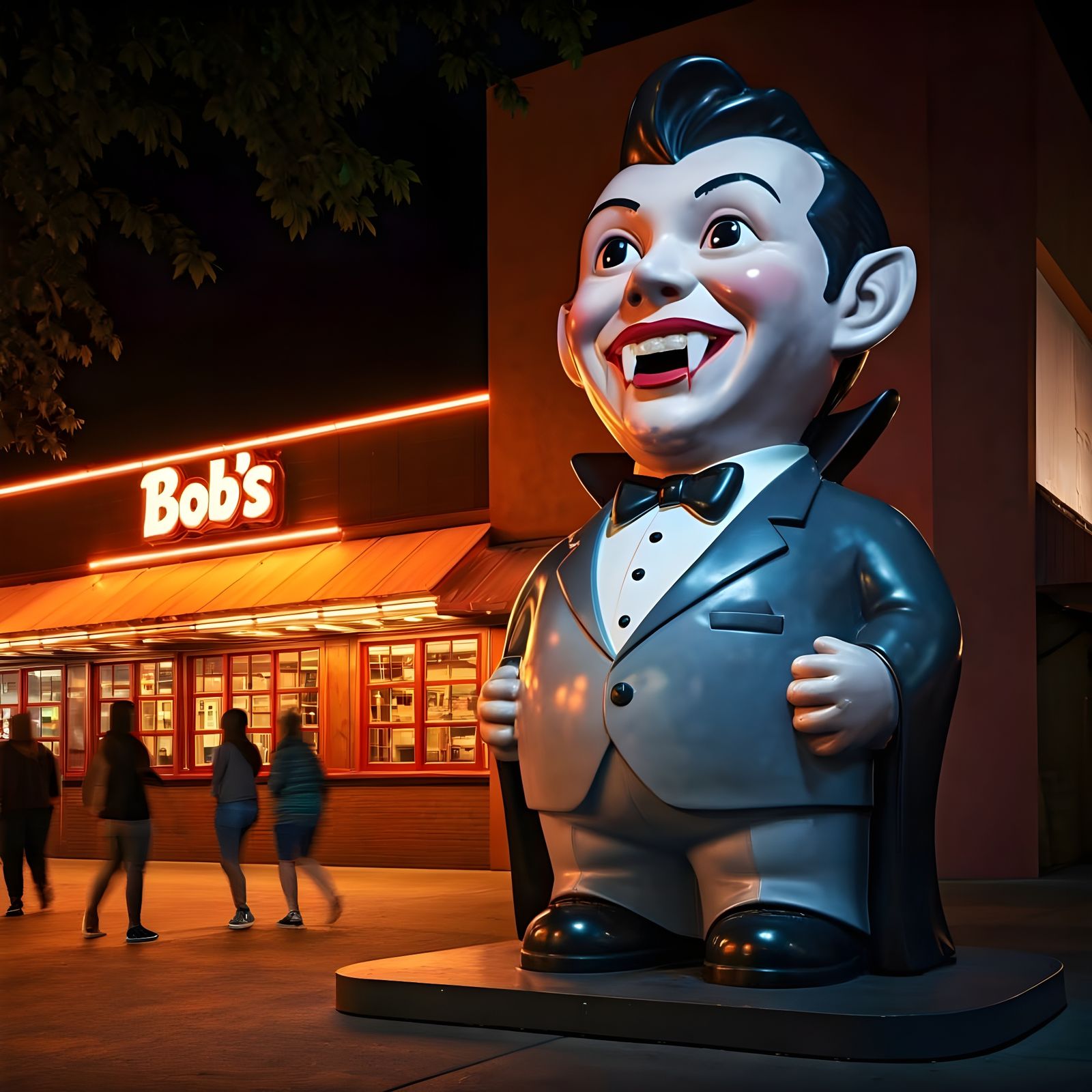 Vampire Bites Bob's Big Boy Statue: Night Photograph