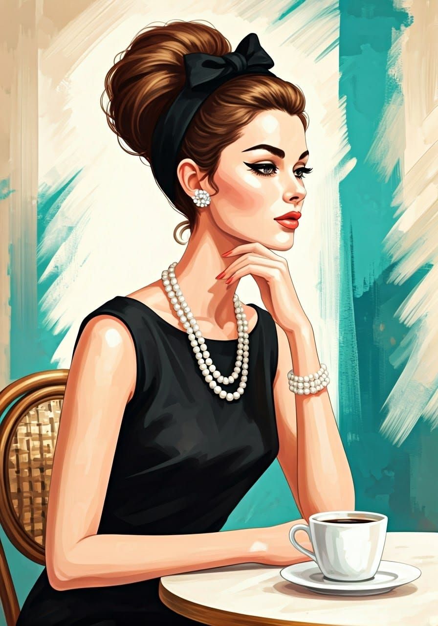 Glamorous Woman at Café: Stylized Vintage Painting
