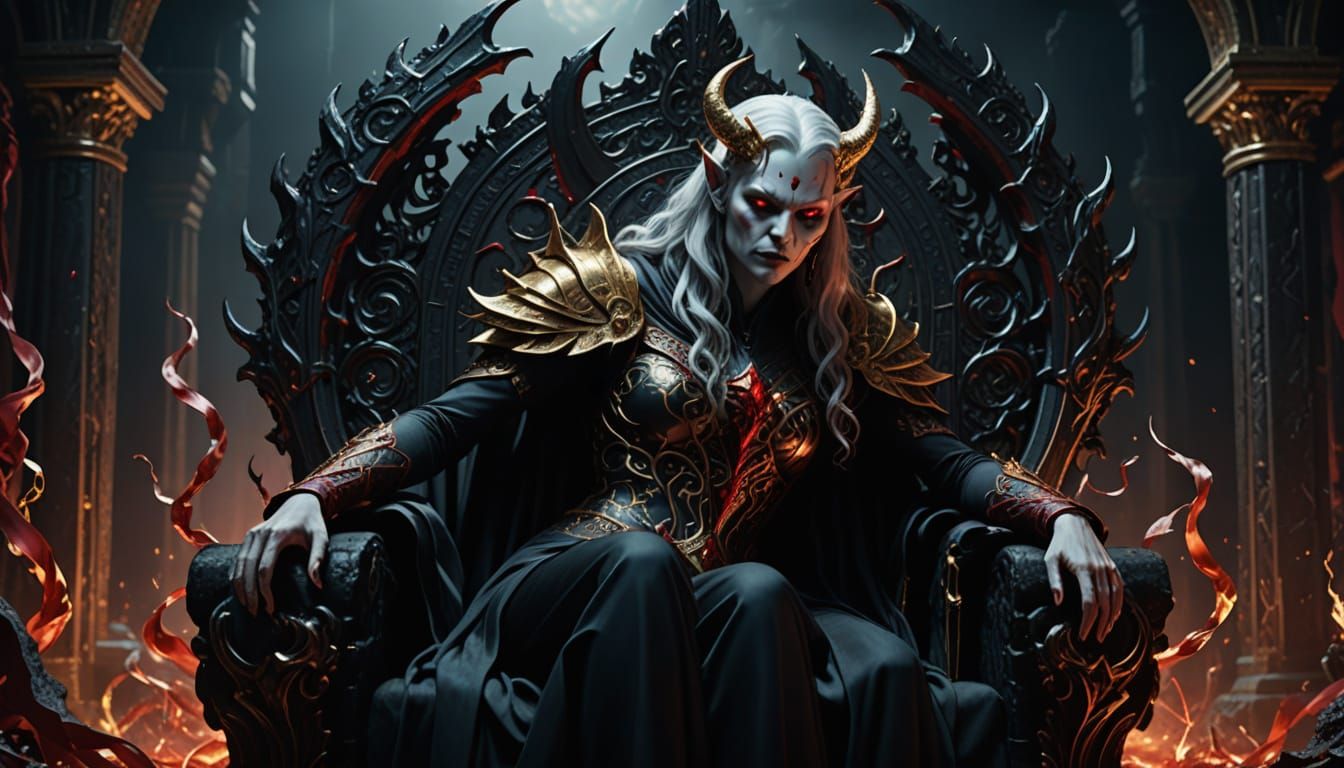 Heavenly Demon Queen on Obsidian Throne in Celestial Realm