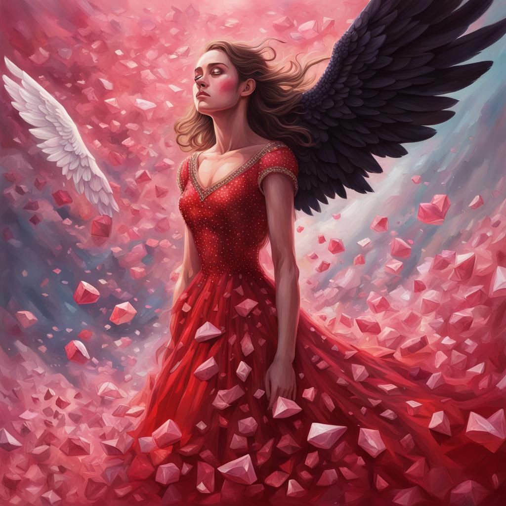 Red Angel Crying, Losing Wing in Crystal Landscape