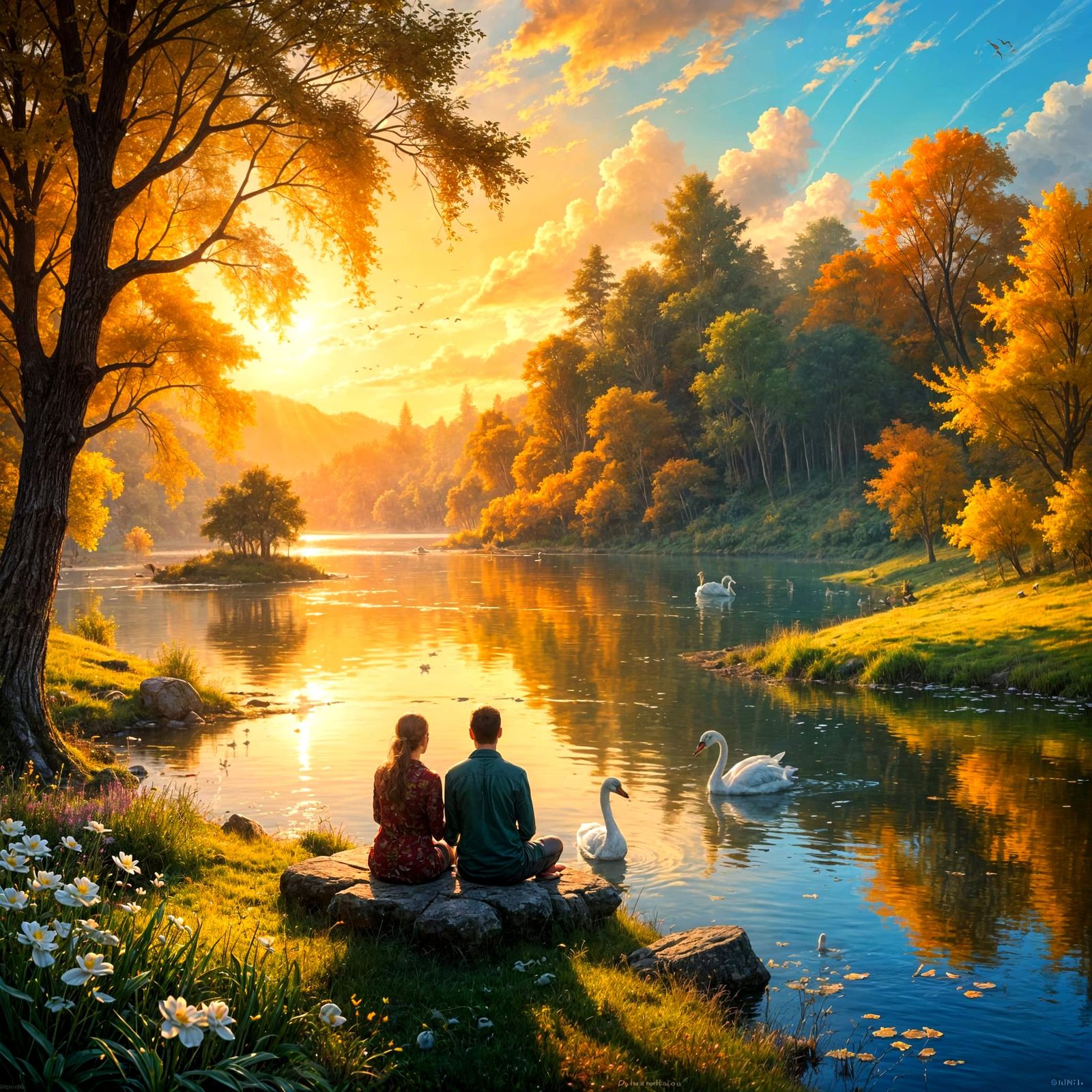 Epic Digital Painting of a Romantic Lake Scene at Golden Hou...