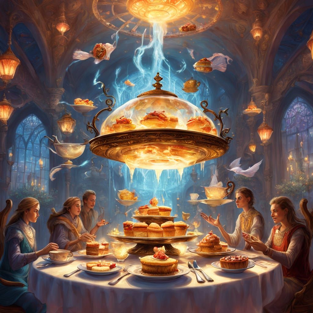 Magical Levitating Feast with Glowing Desserts in Ancient Ha...