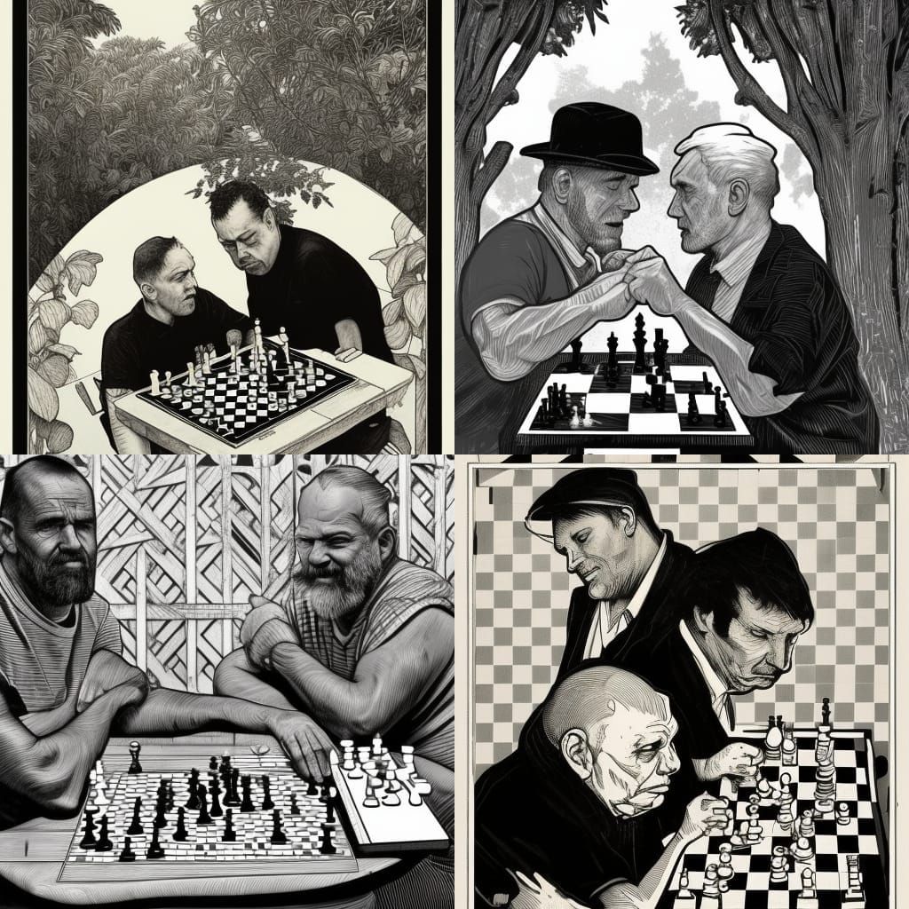 Brothers Play Chess: Black and White Linocut