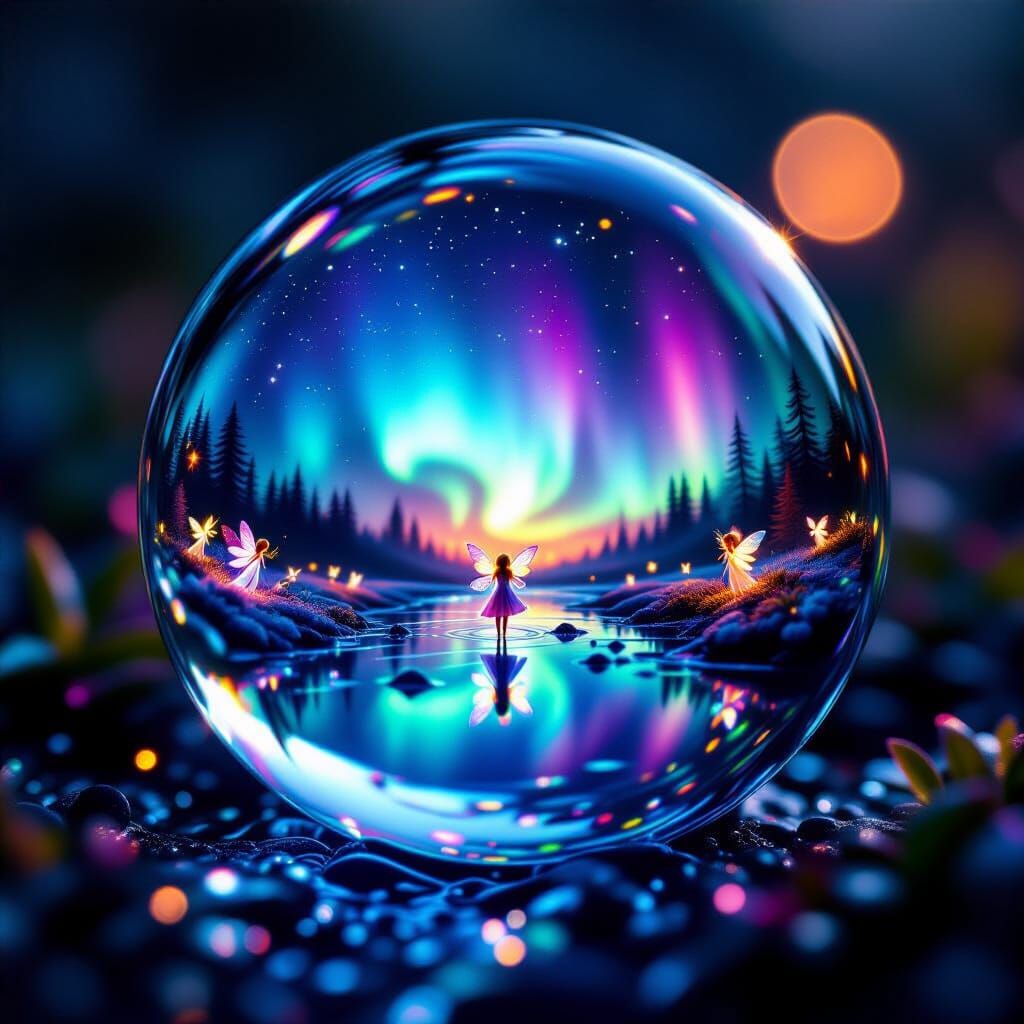 Tiny Fairies in Dewdrop Reflecting Aurora, Digital Art